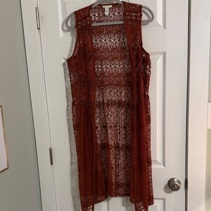 Cato Rust Red Crochet Lace Duster Vest